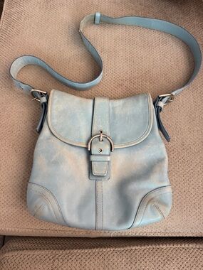 Vintage Coach Pale Blue Leather Shoulder Bag with Buckle Accent